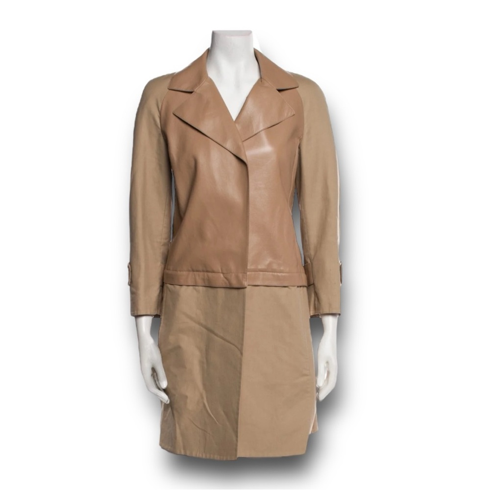 AKRIS Convertible 2in1 Lamb Leather & Cotton Trench-coat Jacket Desert Beige Sz6 - Picture 9 of 16